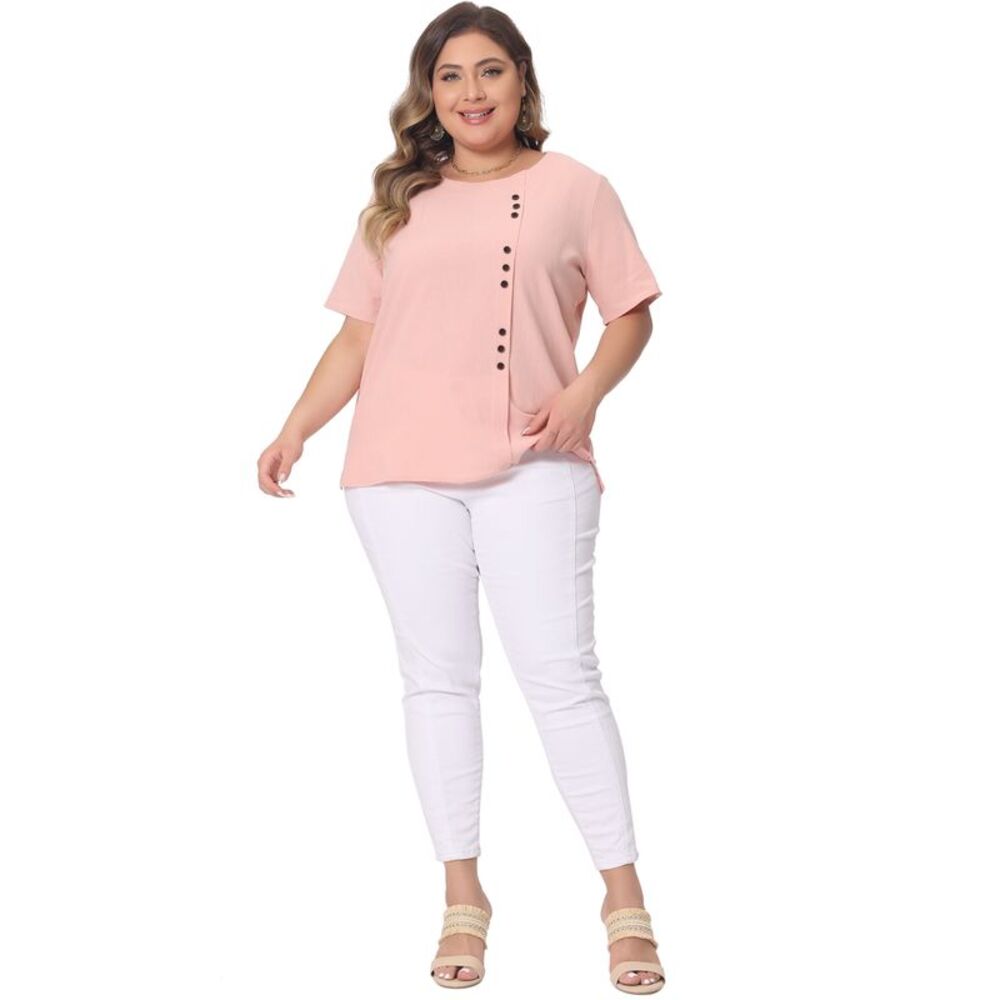 Plus Size Top Short Sleeve Round Neck Cotton Linen Top T Shirt Pink - Picture 4 of 7